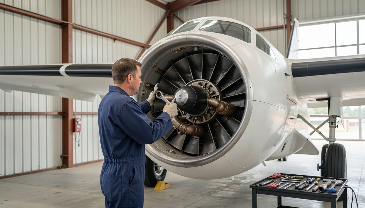 A mechanic in dark coveralls leaning into an open engine cowling with a torque wrench in one hand, work lamps lighting the hangar bay around him and an open tool case resting on the wing root.