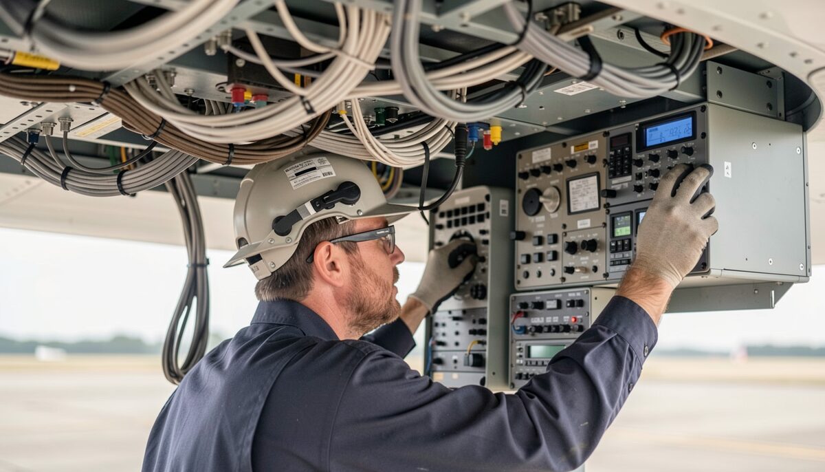 An avionics technician lying on a creeper beneath an open instrument panel, bundled wiring looms running overhead, a work light clipped to the panel edge and a laptop on the cockpit floor.