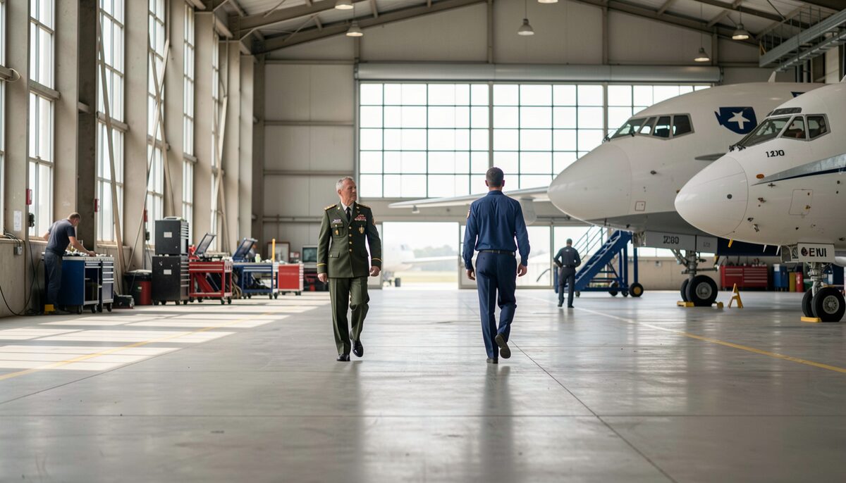 A wide hangar floor under tall windows where several people in work clothes walk between parked aircraft, a mechanic carrying a tray of tools and a small aircraft with its engine cowling open.