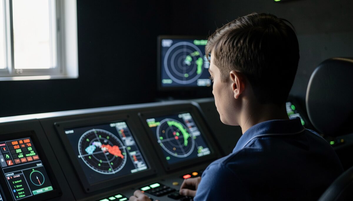A trainee standing behind a seated colleague in a darkened simulation room, both watching a bank of radar scopes, the console panels glowing green and amber across the desk.