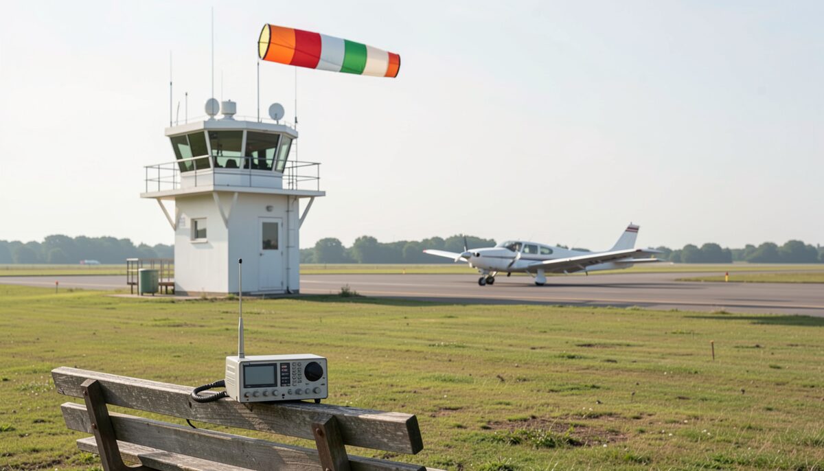 An outdoor airport sign frame standing on grass beside a windsock, a distant runway and a low hangar beyond it, flat afternoon light and no lettering legible on the frame.