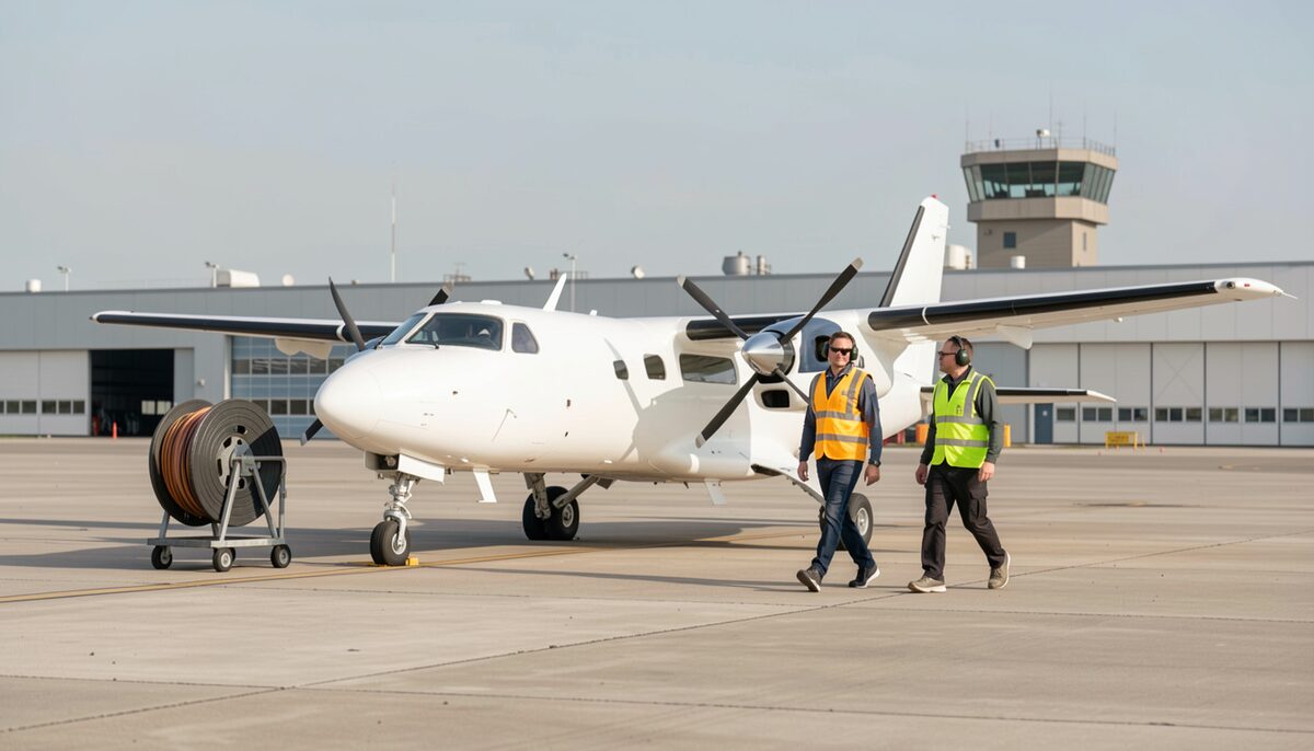 A line technician in a high-visibility vest standing on a sunlit concrete ramp, right arm raised to marshal a small twin-engine aircraft toward a fuel truck parked behind him, hangar doors closed in the background.