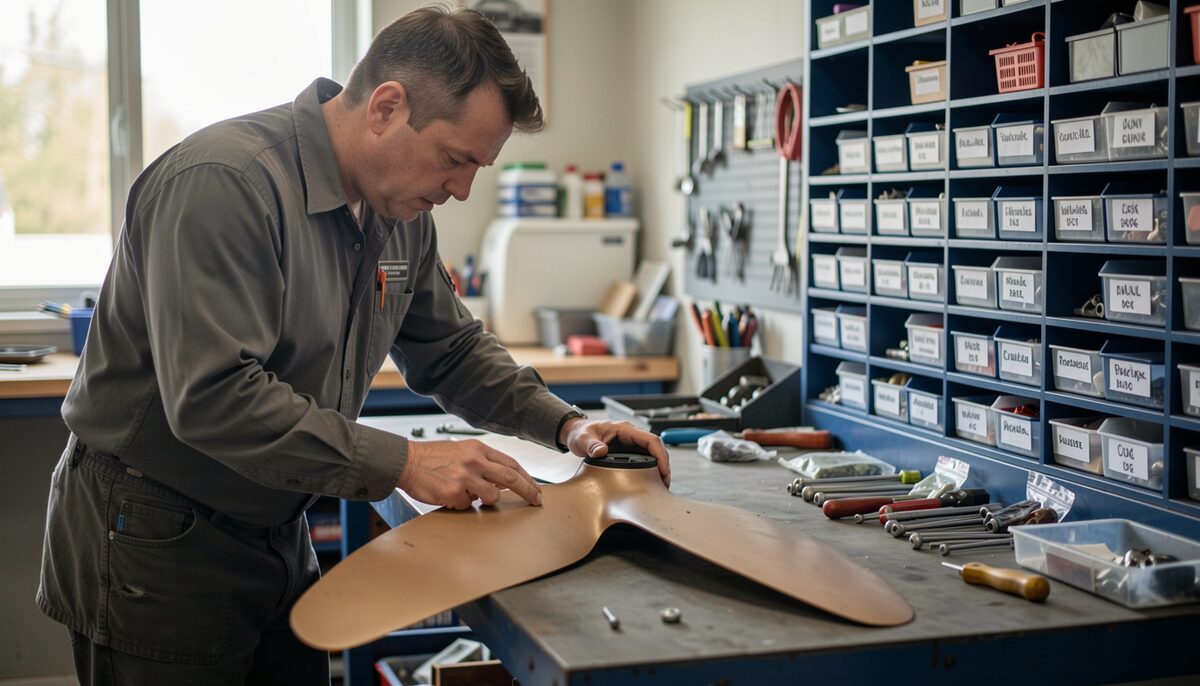 A technician in gloves inspecting a removed propeller blade on a wooden workbench, labelled parts trays arranged along the bench and a second propeller blade resting on a stand behind.