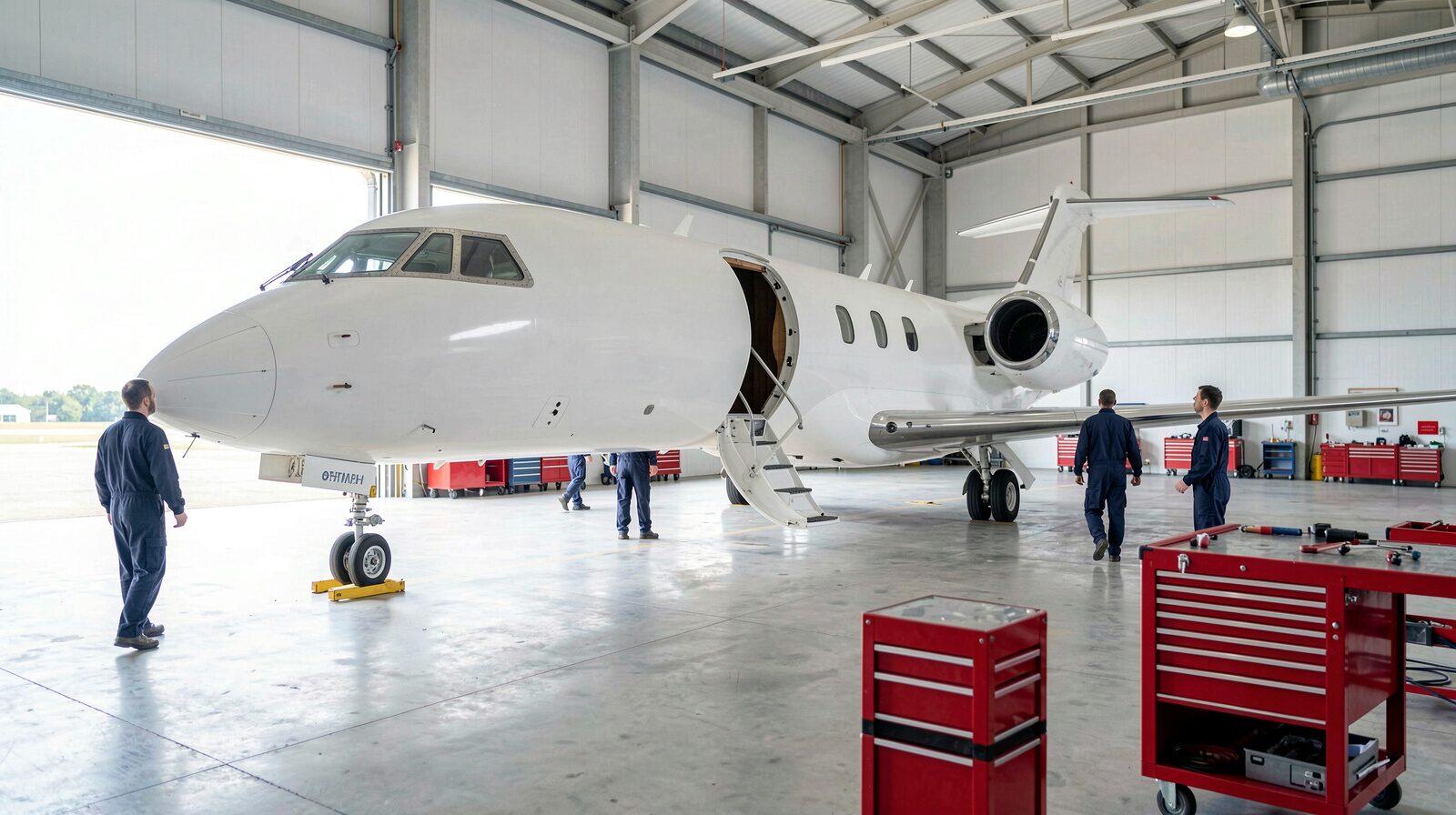 A mid-size business jet standing inside a bright hangar, nose gear resting on a yellow tow bar, three mechanics in coveralls working along the left wing, red tool chests in the near foreground and an open hangar door behind.