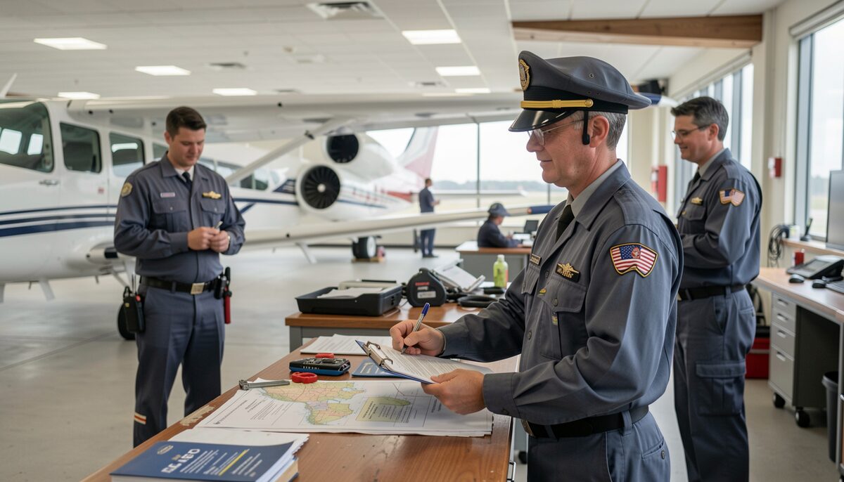 A pilot in a dark cap and short jacket writing on a clipboard at a workbench, a second person standing further back, a light aircraft parked outside the open hangar behind them and a printed chart on the bench.