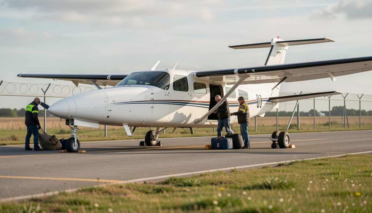 A small charter aircraft parked on a fenced ramp with its forward door open, two crew members loading bags near the nose, a chain-link fence and a service building behind them.