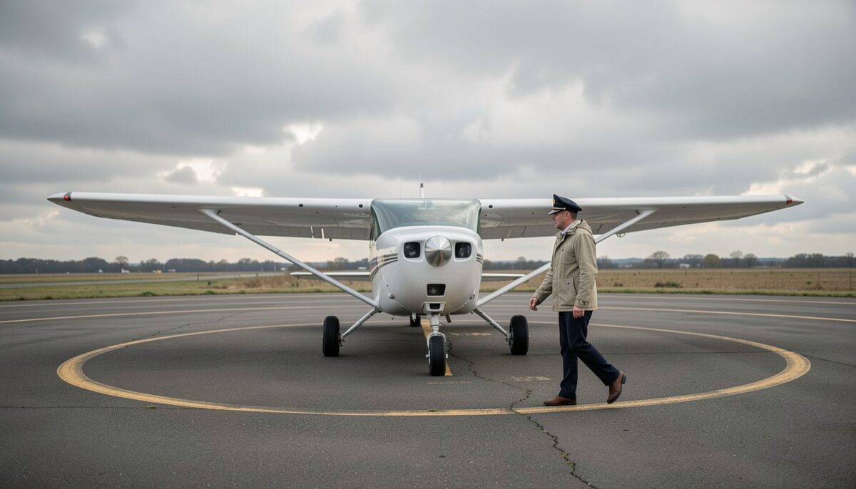 A pilot in a light jacket walking a preflight circle around a single-engine aircraft on a grey overcast morning, one hand raised toward the wing, a runway marker and low cloud behind.