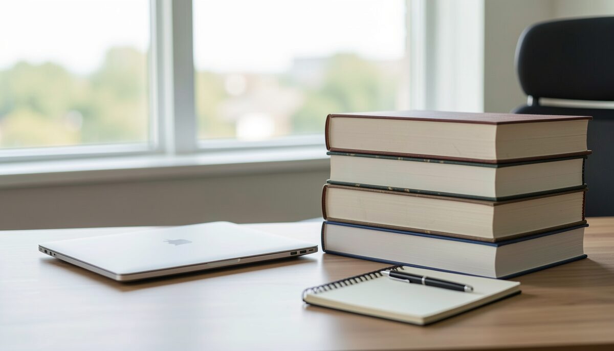 A quiet office desk with bound volumes of federal regulations stacked at one end, an open laptop showing a rule docket page, a notebook and pen beside it in flat daylight.